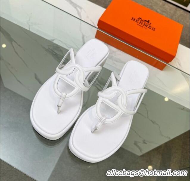 Stylish Hermes Nappa Leather Chaine d'Ancre Platform Slide Thong Sandals White 329070