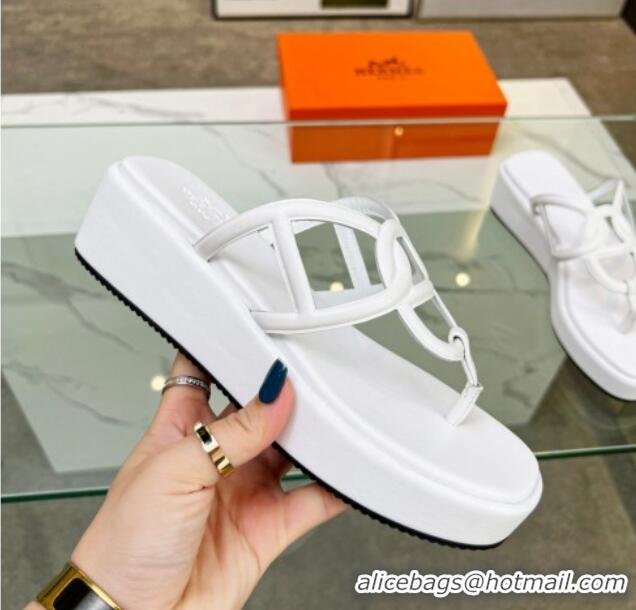 Stylish Hermes Nappa Leather Chaine d'Ancre Platform Slide Thong Sandals White 329070