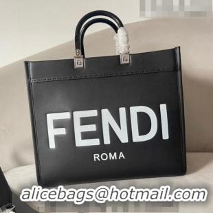 New Style Fendi Sunshine Medium Leather Shopper Tote Bag F0073 Black/White 2023