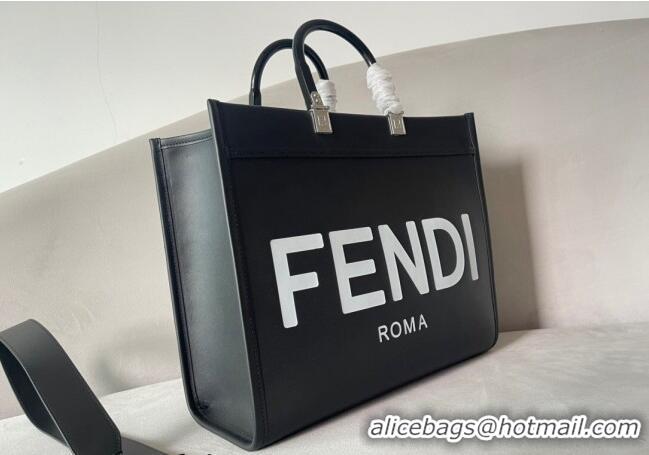 New Style Fendi Sunshine Medium Leather Shopper Tote Bag F0073 Black/White 2023