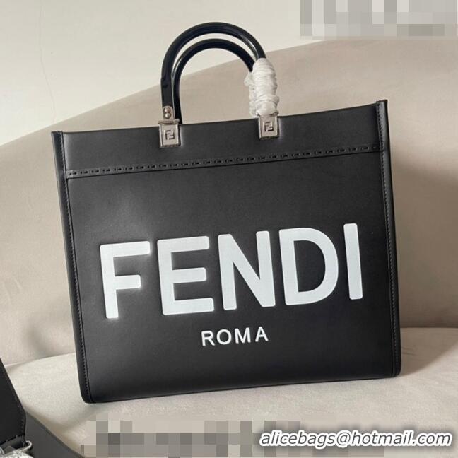 New Style Fendi Sunshine Medium Leather Shopper Tote Bag F0073 Black/White 2023