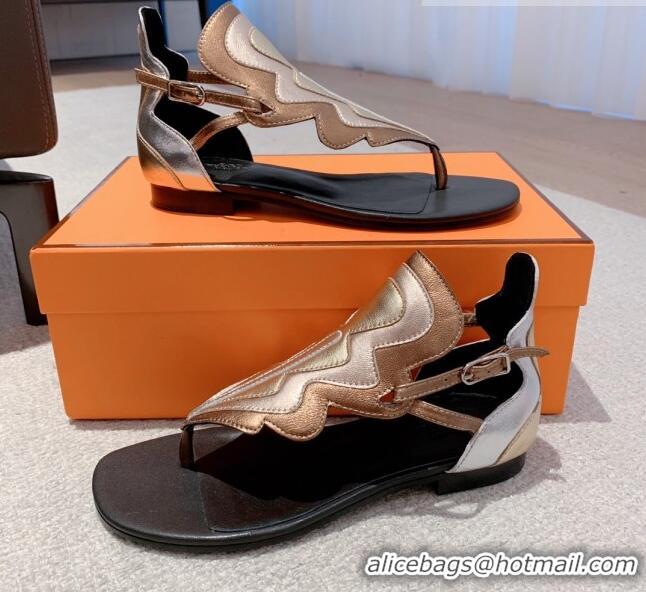 Top Quality Hermes Sandales Garden Leather Flat Sandals Black/Gold 426016