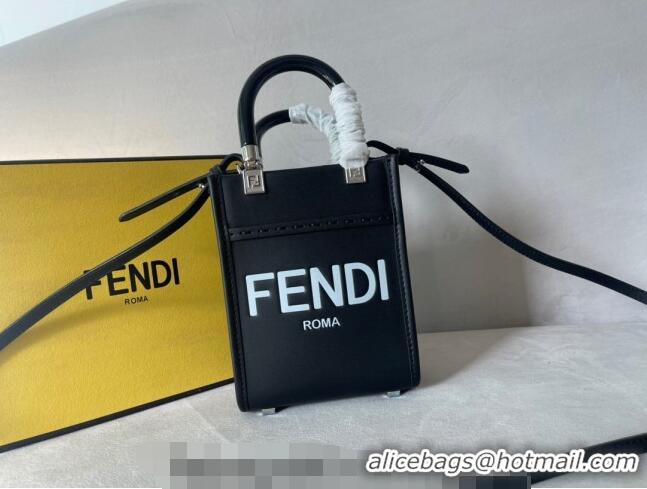 New Style Fendi Sunshine Medium Leather Shopper Tote Bag F0074 Black/White 2023