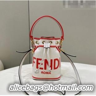 Best Design Fendi Mon Tresor Canvas Mini Bucket Bag with Fendi Roma Embroidery F0075 White/Pink 2023