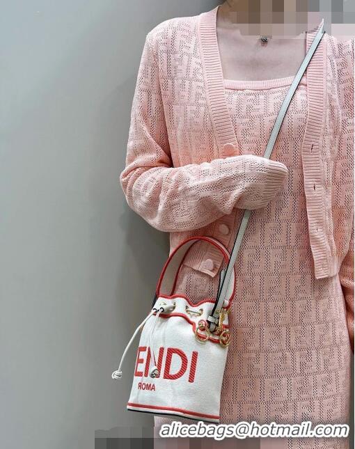 Best Design Fendi Mon Tresor Canvas Mini Bucket Bag with Fendi Roma Embroidery F0075 White/Pink 2023