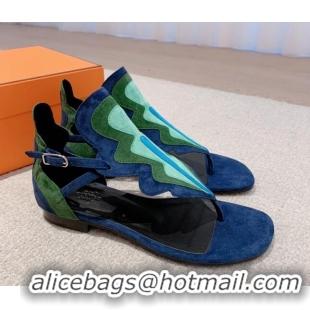 Classic Hot Hermes Sandales Garden Suede Flat Sandals Blue/Green 426017 