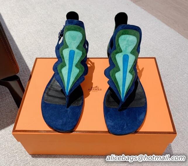 Classic Hot Hermes Sandales Garden Suede Flat Sandals Blue/Green 426017 