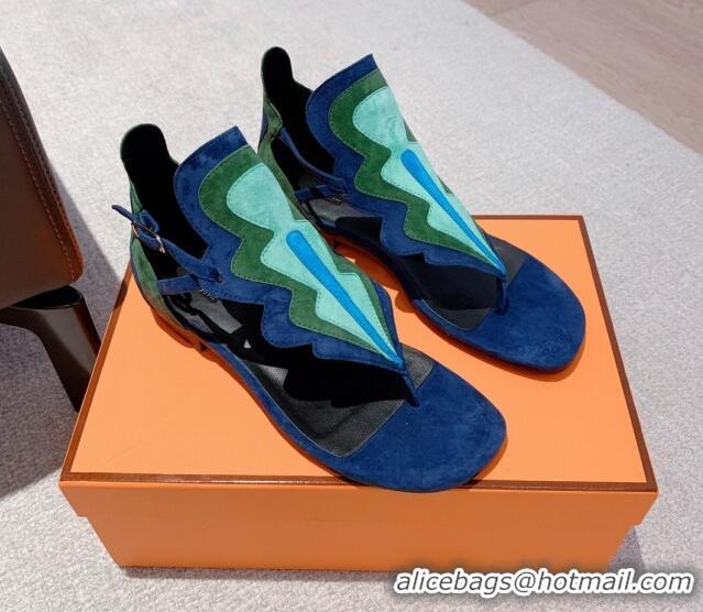 Classic Hot Hermes Sandales Garden Suede Flat Sandals Blue/Green 426017 