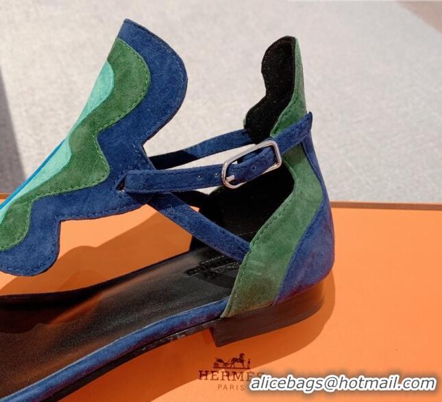 Classic Hot Hermes Sandales Garden Suede Flat Sandals Blue/Green 426017 