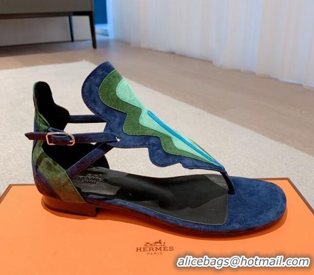 Classic Hot Hermes Sandales Garden Suede Flat Sandals Blue/Green 426017 