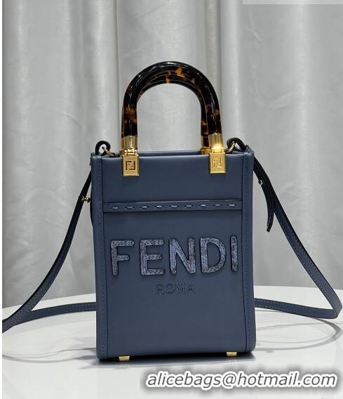 Promotional Fendi Mini Sunshine Leather Shopper Bag with Python-Look Print F0077 Blue 2023