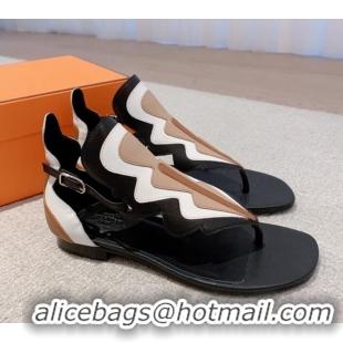 Most Popular Hermes Sandales Garden Leather Flat Sandals Black/Beige/White 426018