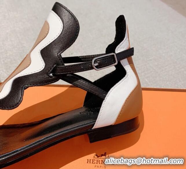 Most Popular Hermes Sandales Garden Leather Flat Sandals Black/Beige/White 426018