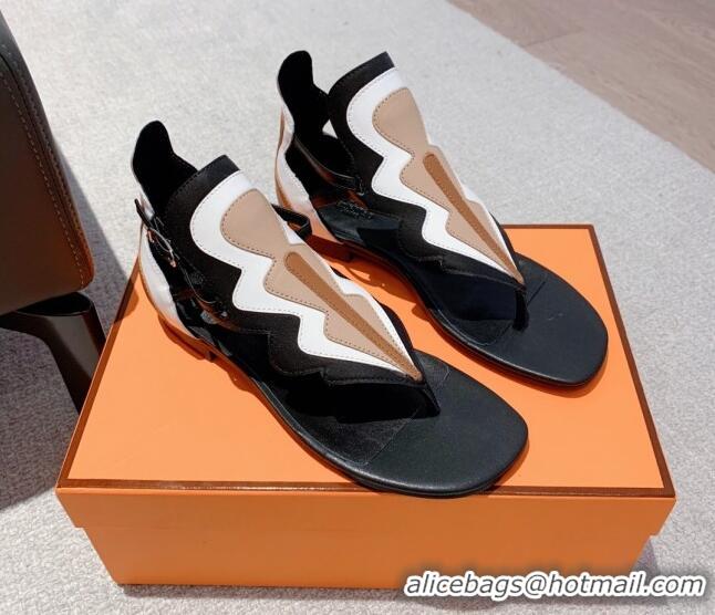 Most Popular Hermes Sandales Garden Leather Flat Sandals Black/Beige/White 426018