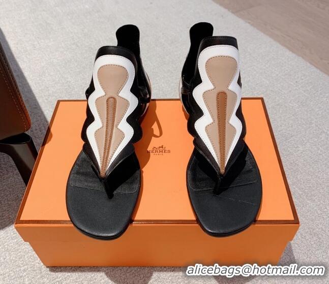 Most Popular Hermes Sandales Garden Leather Flat Sandals Black/Beige/White 426018