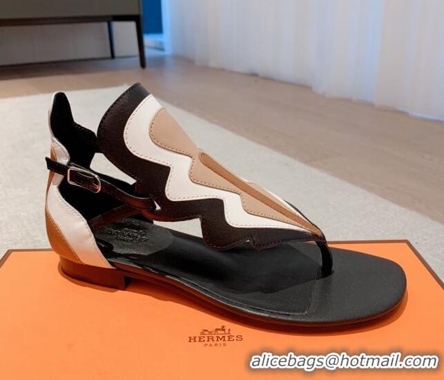 Most Popular Hermes Sandales Garden Leather Flat Sandals Black/Beige/White 426018