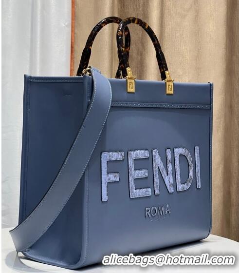 Reasonable Price Fendi Sunshine Leather Medium Shopper Bag with Python-Look Print F0078 Blue 2023