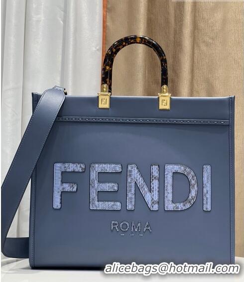 Reasonable Price Fendi Sunshine Leather Medium Shopper Bag with Python-Look Print F0078 Blue 2023