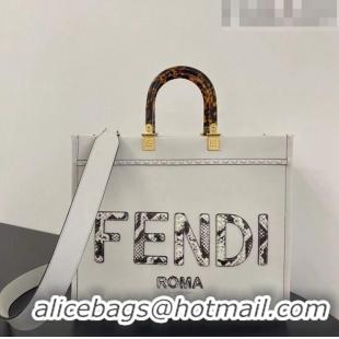 New Fashion Fendi Sunshine Leather Medium Shopper Bag with Python-Look Print F0078 White 2023