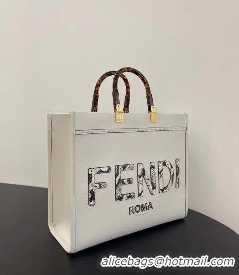 New Fashion Fendi Sunshine Leather Medium Shopper Bag with Python-Look Print F0078 White 2023