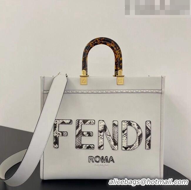 New Fashion Fendi Sunshine Leather Medium Shopper Bag with Python-Look Print F0078 White 2023