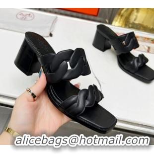 Duplicate Hermes Gaby Leather Heel Slide Sandals 6cm All Black 426019