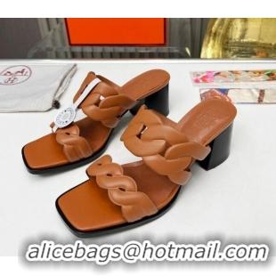 Top Quality Hermes Gaby Leather Heel Slide Sandals 6cm All 426019 Brown