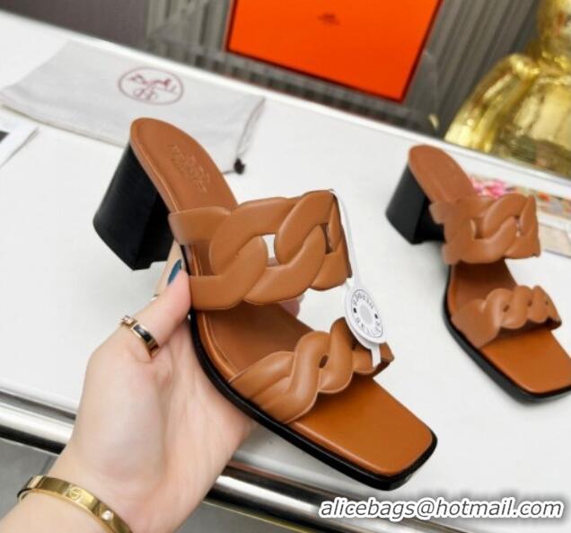 Top Quality Hermes Gaby Leather Heel Slide Sandals 6cm All 426019 Brown