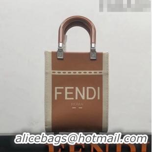 Super Quality Fendi Mini Sunshine Shopper Bag in Canvas and Patent Leather F0083 Brown 2023