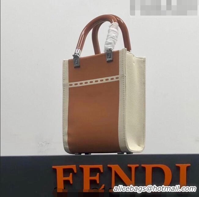 Super Quality Fendi Mini Sunshine Shopper Bag in Canvas and Patent Leather F0083 Brown 2023