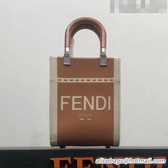 Super Quality Fendi Mini Sunshine Shopper Bag in Canvas and Patent Leather F0083 Brown 2023