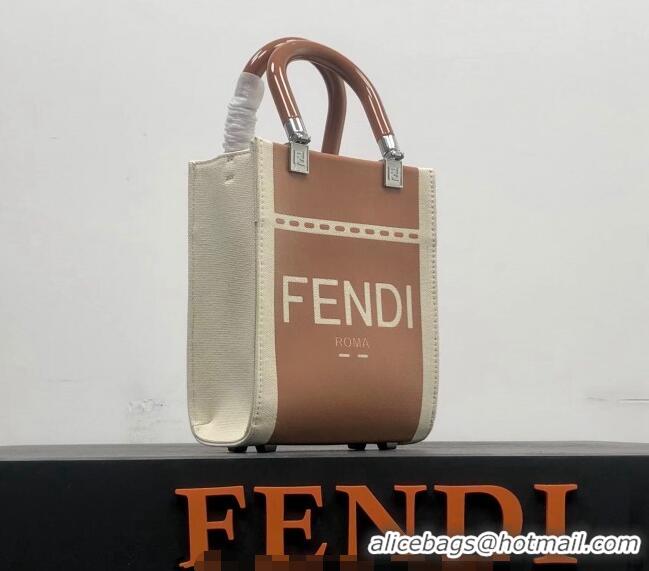 Super Quality Fendi Mini Sunshine Shopper Bag in Canvas and Patent Leather F0083 Brown 2023