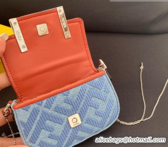 Top Quality Fendi Nano Baguette Bag Charm in FF Denim F0087 Light Blue/Orange 2023