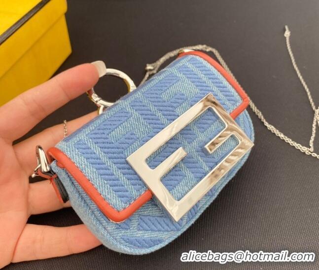 Top Quality Fendi Nano Baguette Bag Charm in FF Denim F0087 Light Blue/Orange 2023