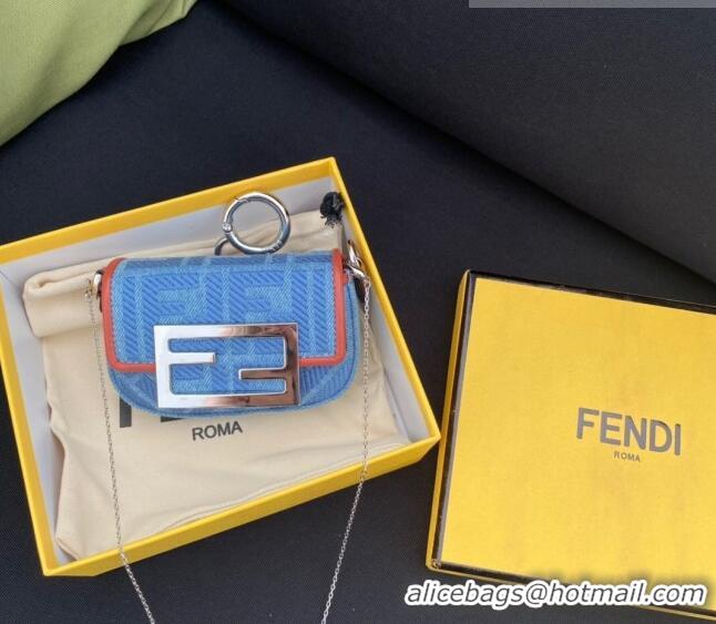 Top Quality Fendi Nano Baguette Bag Charm in FF Denim F0087 Light Blue/Orange 2023