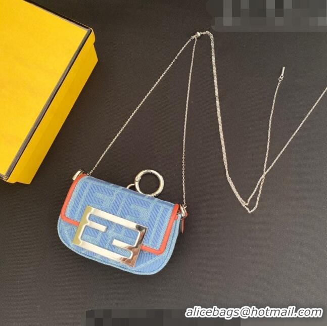 Top Quality Fendi Nano Baguette Bag Charm in FF Denim F0087 Light Blue/Orange 2023