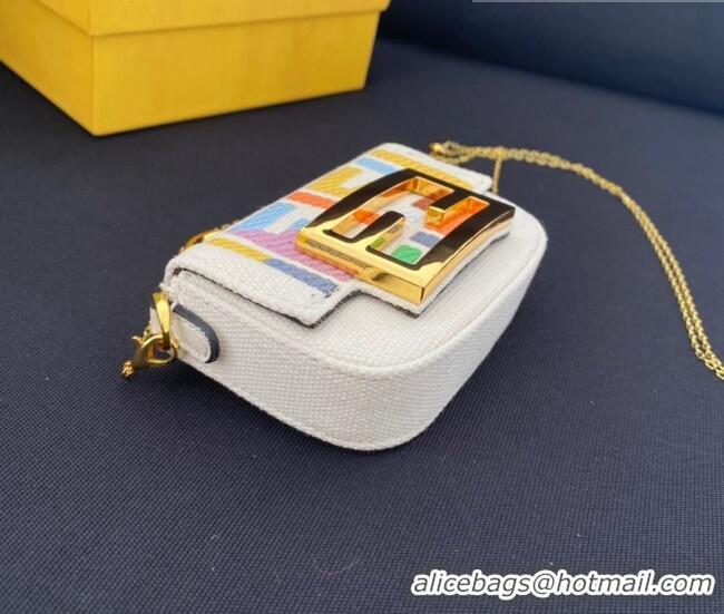 Luxury Cheap Fendi Nano Baguette Bag Charm in FF Canvas F0087 White/Multicolor 2023