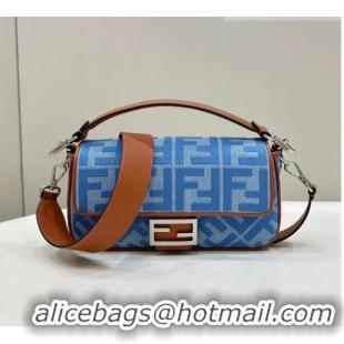 Classic Fendi Baguette Medium Bag in Denim with FF embroidery F0093 Light Blue 2023