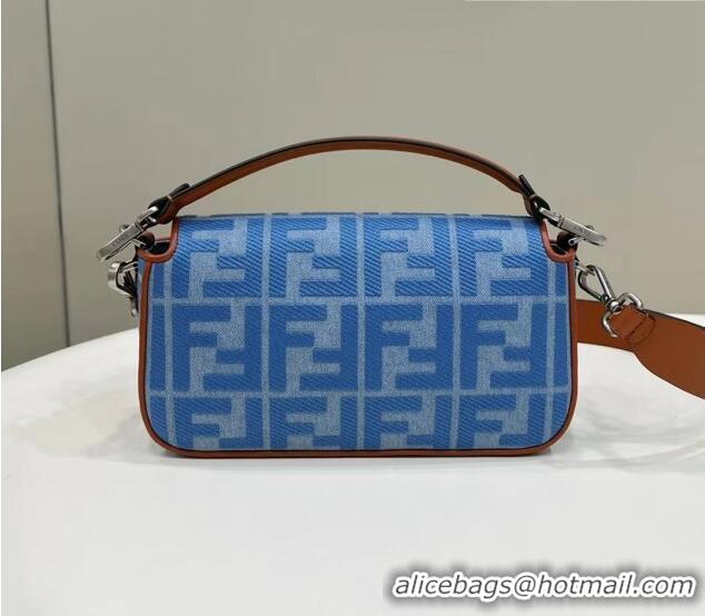 Classic Fendi Baguette Medium Bag in Denim with FF embroidery F0093 Light Blue 2023