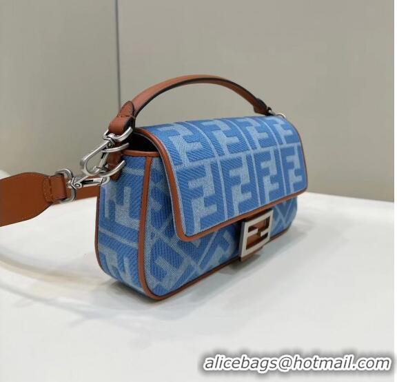 Classic Fendi Baguette Medium Bag in Denim with FF embroidery F0093 Light Blue 2023