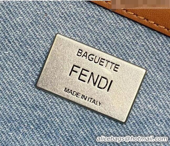 Classic Fendi Baguette Medium Bag in Denim with FF embroidery F0093 Light Blue 2023