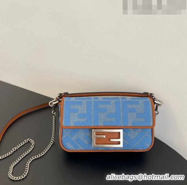 Promotional Fendi Baguette Mini Bag in Denim with FF embroidery F0094 Light Blue 2023