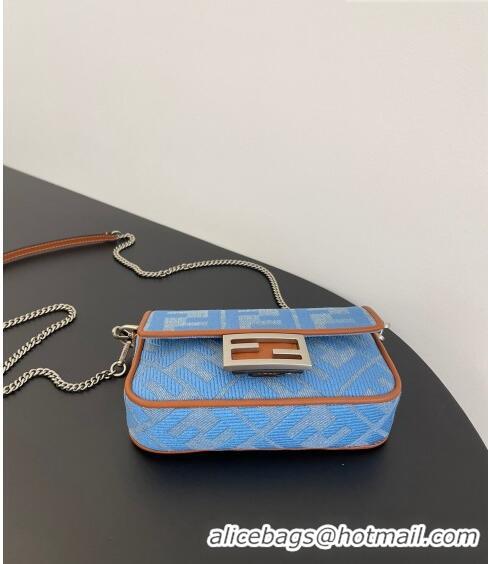 Promotional Fendi Baguette Mini Bag in Denim with FF embroidery F0094 Light Blue 2023