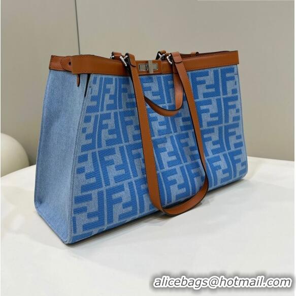 Popular Style Fendi Peekaboo X-Tote Bag in Denim with FF embroidery F0095 Light Blue 2023