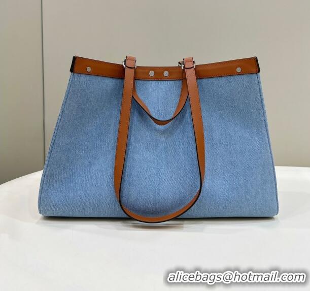 Popular Style Fendi Peekaboo X-Tote Bag in Denim with FF embroidery F0095 Light Blue 2023