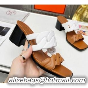 Duplicate Hermes Gaby Leather Heel Slide Sandals 6cm 426021 Brown/White