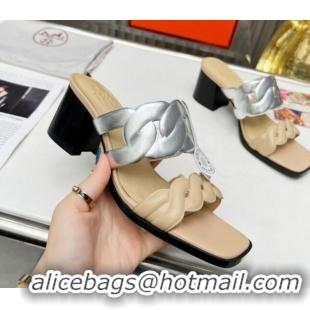 Low Price Hermes Gaby Leather Heel Slide Sandals 6cm 426021 Beige/Silver