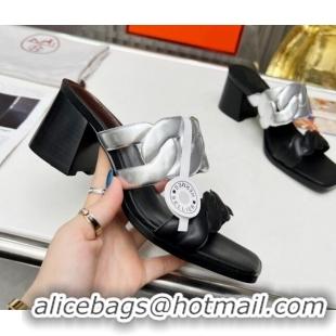 Low Cost Hermes Gaby Leather Heel Slide Sandals 6cm 426021 Black/Silver