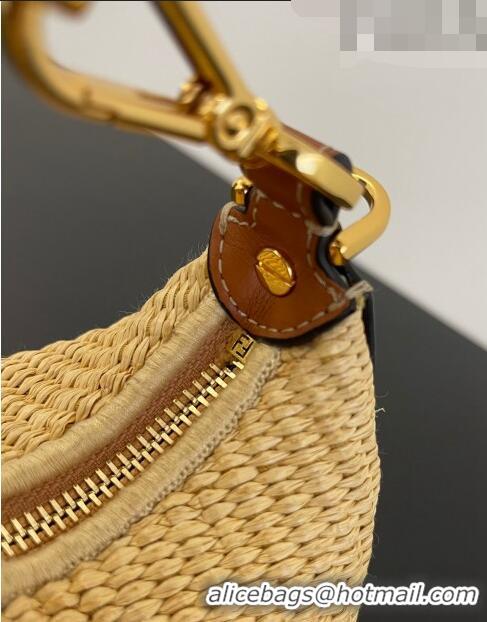 Good Quality Fendi Nano Fendigraphy Hobo Bag Charm in Raffia Straw F7115 Beige/Brown 2023