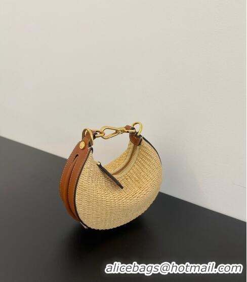 Good Quality Fendi Nano Fendigraphy Hobo Bag Charm in Raffia Straw F7115 Beige/Brown 2023